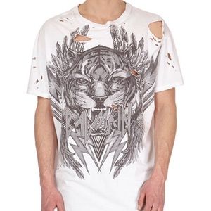 BALMAIN Distressed Tiger Head Logo T-Shirt, White sz Small